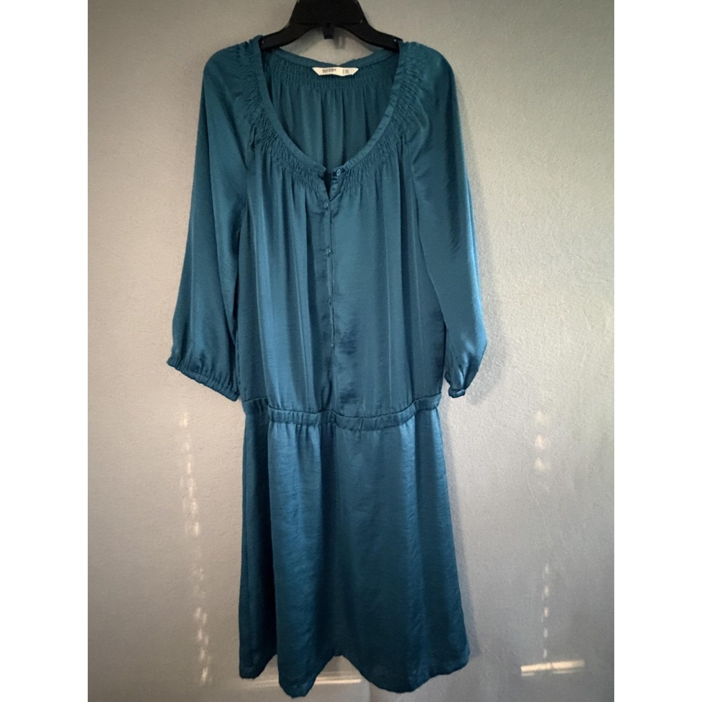 Old Navy‎ Dress Womens M Tall Blue Satin 3/4 Sleeve Scoop Neck Shirt Knee Length